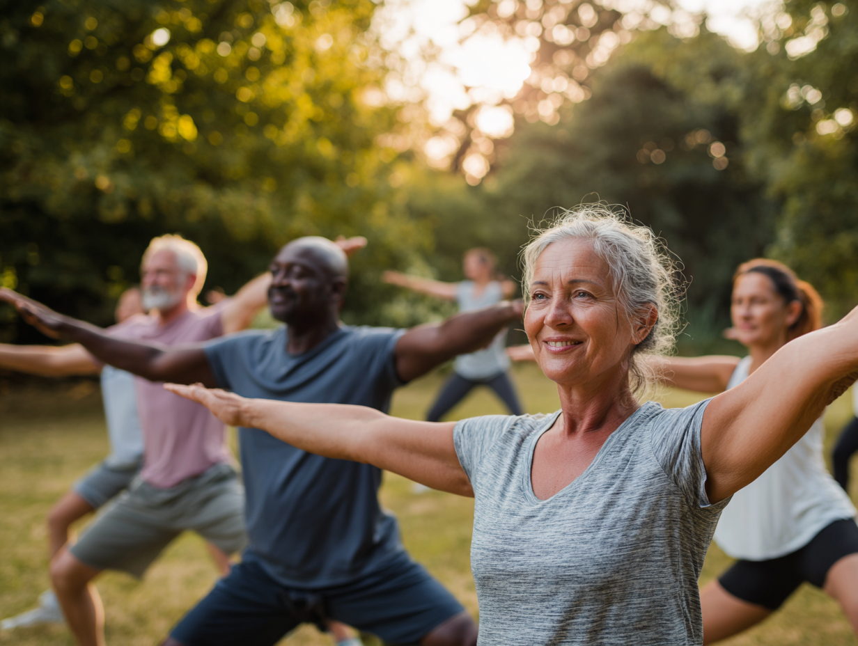 Група людей різного віку займається вправами для суглобів у парку