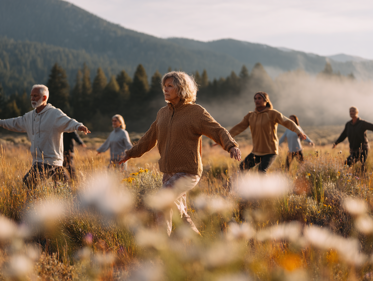 Люди різного віку займаються вправами для суглобів на природі