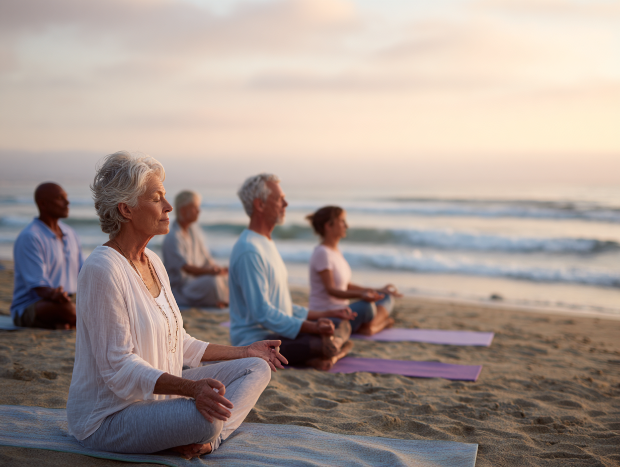 Люди похилого віку займаються йогою на пляжі